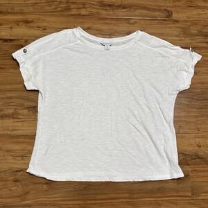Liz Claiborne Shirt Women XXL White Crew Neck Button Rolled Sleeve Casual Ladies